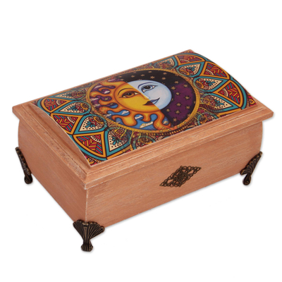 Decoupage wood box, 'Life is Good' - Sun and Moon Decoupage Wood Decorative Box from Mexico