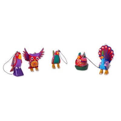 Wood alebrije ornaments, 'Magic Birds' (set of 5) - Hand-Painted Wood Alebrije Bird Ornaments (Set of 5)