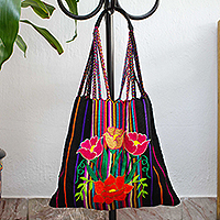 Cotton shoulder bag, 'Night Poppies' - Poppy Embroidered Handwoven Black Cotton Mexican Morral Tote