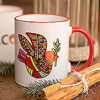 Ceramic mug, 'Red Peace Dove' - Ceramic Mug with a Hand-Painted Red Dove from Mexico