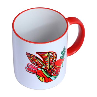 Ceramic mug, 'Red Peace Dove' - Ceramic Mug with a Hand-Painted Red Dove from Mexico
