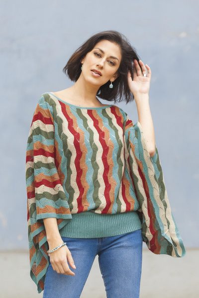 Alpaca blend sweater, 'Tropical Heatwaves' - Green and Scarlet Vertical Stripe Alpaca Blend Sweater