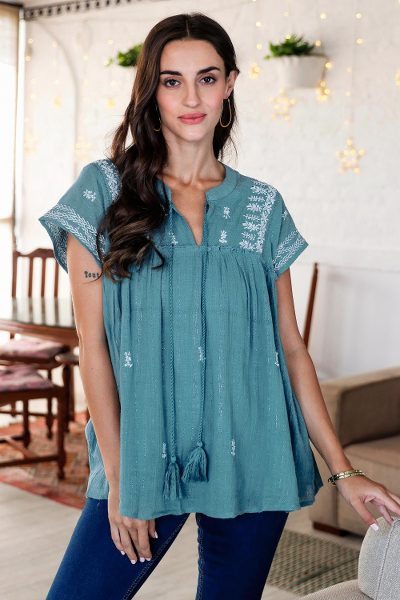 Embroidered cotton blouse, 'Teal Mornings' - Hand Embroidered Teal Cotton Blouse
