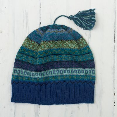 100% alpaca knit hat, 'Inca Skies' - Shades of Blue and Green 100% Alpaca Knit Hat with Tassel