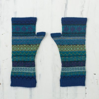 100% alpaca fingerless mitts, 'Inca Skies' - Shades of Blue and Green 100% Alpaca Knit Fingerless Mitts