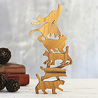 Teak Wood game, 'Ninja Cats' (6 pieces) - Hand Carved Teak Wood Cat-Themed Stacking Game (6 Pieces)