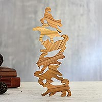 Teak wood game, 'Ninja Dogs' (6 pieces) - Hand Made Teak Dog-Themed Stacking Game (6 Pieces)