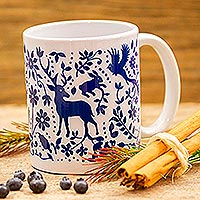 Ceramic mug, 'Blue Otomi Vision' - Artisan Crafted Otomi Blue Birds and Flowers Ceramic Mug
