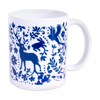 Ceramic mug, 'Blue Otomi Vision' - Artisan Crafted Otomi Blue Birds and Flowers Ceramic Mug