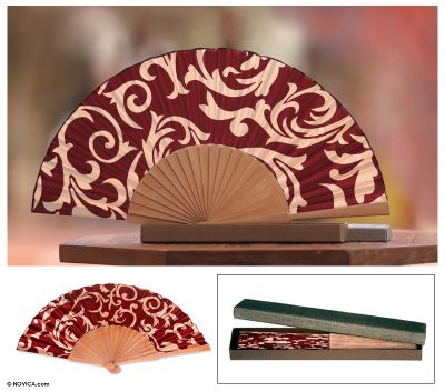 Silk batik fan, 'Red Bali Glory' - Batik Silk Fan