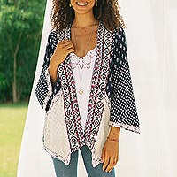 Viscose patchwork jacket, 'Boho Beauty' - Embroidered Open Jacket in Midnight Blue