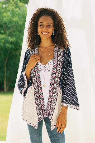 Viscose patchwork jacket, 'Boho Beauty' - Embroidered Open Jacket in Midnight Blue
