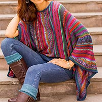 Striped kimono sleeve sweater, 'Fiesta Dance' - colourful Striped Alpaca Wool Blend Sweater from Peru