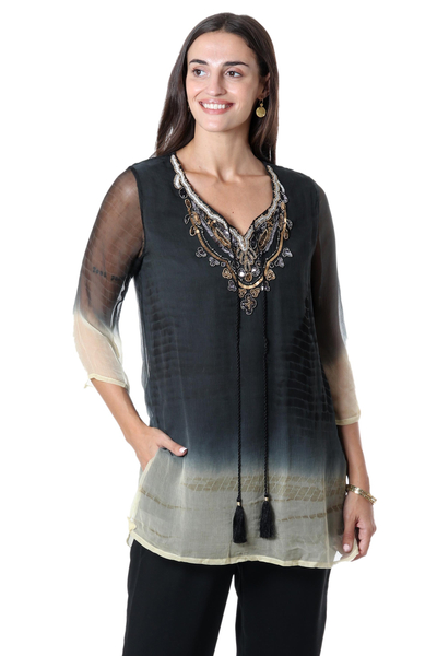 Beaded tie-dyed viscose tunic, 'Evening Glamour' - Tie-Dyed Viscose Tunic with Glass Bead Detail