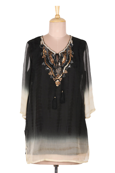 Beaded tie-dyed viscose tunic, 'Evening Glamour' - Tie-Dyed Viscose Tunic with Glass Bead Detail