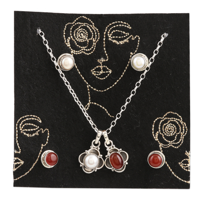 Cultured pearl and carnelian jewellery set, 'Fire & Ice' - Hand Crafted Carnelian and Cultured Pearl jewellery Set
