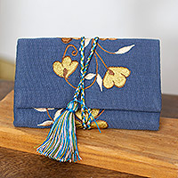 Embroidered cable organiser, 'Golden Flower' - Handcrafted Cotton Cable organiser