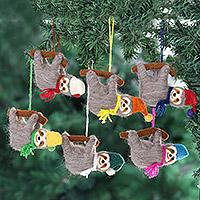 Felted wool ornaments 'Happy Sloths' (set of 6) - Cute Wool Felt Sloth Ornaments (Set of 6)