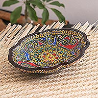 Decorative wood bowl, 'Bright Blooms' - Oval-Shaped Wood Decorative Plate Hand-Painted in Thailand
