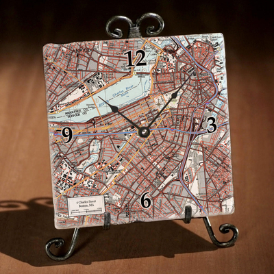 Personalized marble tile map clock, 'My Town' - Personalized Marble Tile Clock with Map of Your Town 