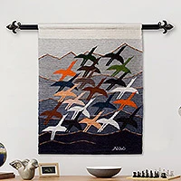 Wool tapestry, 'Flying High' - Hand Loomed Wool Bird Tapestry Wall Hanging