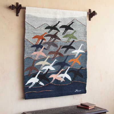 Wool tapestry, 'Flying High' - Hand Loomed Wool Bird Tapestry Wall Hanging