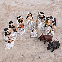 Ceramic nativity scene, 'Amazon Christmas' (set of 9) - Christmas Amazonian Nativity Scene Sculptures (Set of 9)