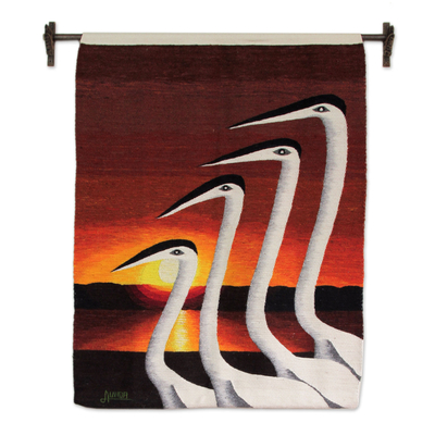 Wool Tapestry, 'Swans at Sunset' - Wool Tapestry