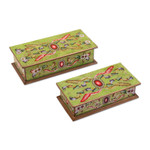 Reverse painted glass boxes, 'Ruby' (pair) - Handcrafted Reverse Painted Glass Jewelry Boxes (Pair)