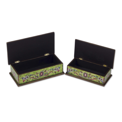 Reverse painted glass boxes, 'Ruby' (pair) - Handcrafted Reverse Painted Glass Jewelry Boxes (Pair)