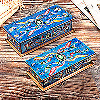 Cajas de joyería de vidrio pintado al revés, 'Esmeralda' (par) - 2 cajas decorativas coleccionables de madera de vidrio pintado al revés