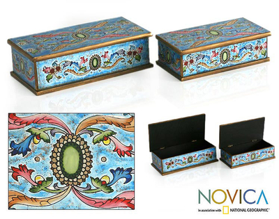Reverse painted glass jewelry boxes, 'Emerald' (pair) - 2 Collectible Reverse Painted Glass Wood Decorative Boxes