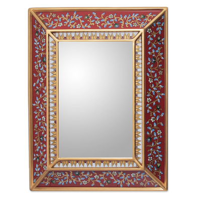 Cedar mirror, 'Bluebells on Scarlet' - Fair Trade Reverse Painted Glass Mirror