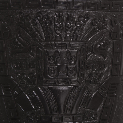 Leather waste basket, 'Warrior Guard' - Artisan Crafted Inca Leather Brown Waste Basket