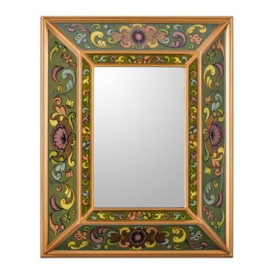 Wall mirror, 'Coat of Arms' - Green Reverse Painted Hand Crafted Peruvian Mirror