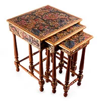 Cedar and leather accent tables, 'Paradise' (set of 3) - Colonial Wood Leather Side Table (Set of 3)