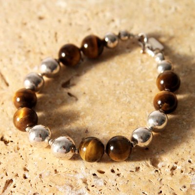 Tiger's eye beaded bracelet, 'Coffee Bean' - Unique Sterling Silver Beaded Tiger's Eye Bracelet