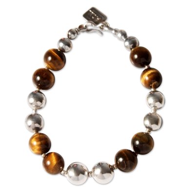 Tiger's eye beaded bracelet, 'Coffee Bean' - Unique Sterling Silver Beaded Tiger's Eye Bracelet