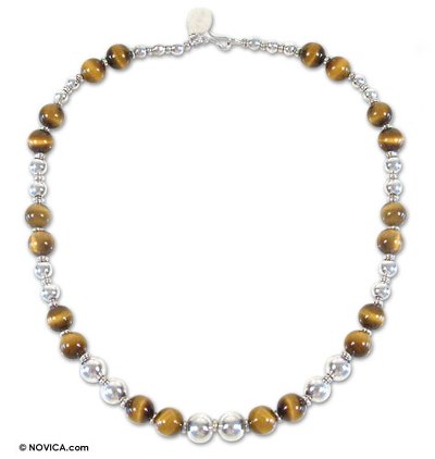 Tiger's eye beaded necklace, 'Coffee Bean' - Handmade Beaded Tiger's Eye Necklace