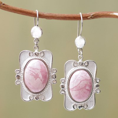Rhodonite dangle earrings, 'Rose Aristocrat' - Handmade Sterling Silver and Rhodonite Earrings