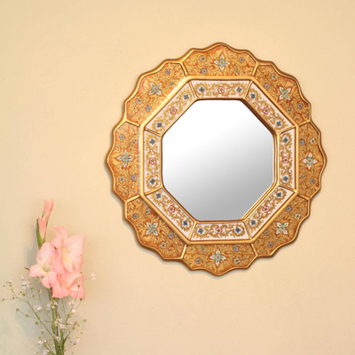 Reverse painted glass mirror, 'Golden Star' - Collectible Reverse Painted Glass Handmade Mirror