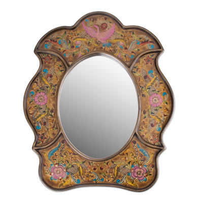 Reverse Painted Glass Wall Mirror - Garden of Gold | NOVICA