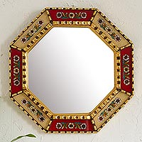 Mohena-Holzspiegel, „Summer Scarlet“ – einzigartiger, rückseitig lackierter Glas-Holzspiegel