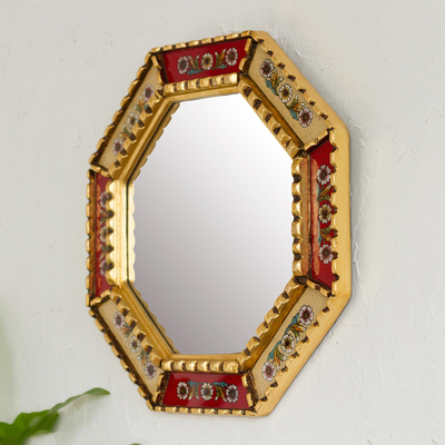 Mohena wood mirror, 'Summer Scarlet' - Unique Reverse Painted Glass Wood Mirror