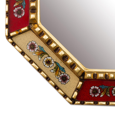Mohena wood mirror, 'Summer Scarlet' - Unique Reverse Painted Glass Wood Mirror