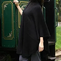 Alpaca blend wrap, 'Bold Black' - Alpaca Wool Solid Black Wrap Ruana