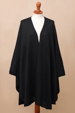 Alpaca blend wrap, 'Bold Black' - Alpaca Wool Solid Black Wrap Ruana