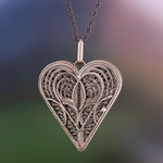 Silver locket necklace, 'Filigree Heart' - Hand Crafted Heart Shaped Sterling Silver Locket Necklace