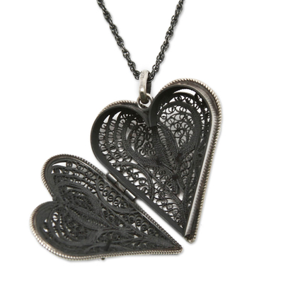 Silver locket necklace, 'Filigree Heart' - Hand Crafted Heart Shaped Sterling Silver Locket Necklace