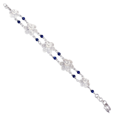 Lapis lazuli flower bracelet, 'Garlands' - Sterling Silver Filigree and Lapis Lazuli Bracelet